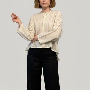 Eskandar Linen Oversized Button Down Neutral Color Stipe Top
